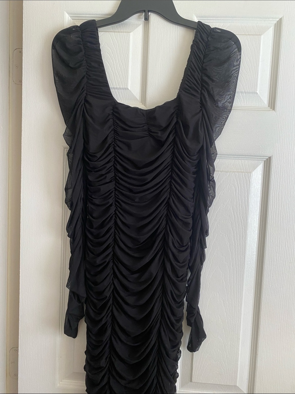 Fashion Nova Black Ruched Midi Dress with Puff Sleeves
